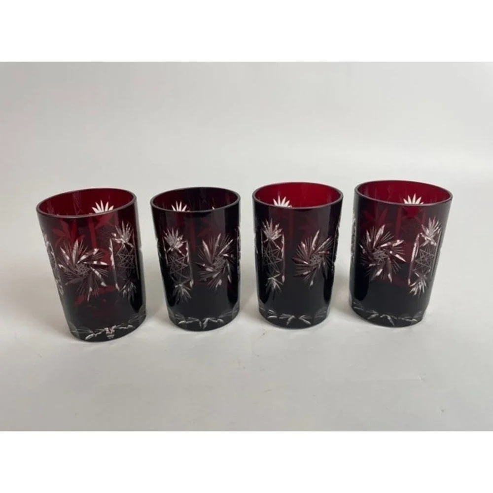 SET OF 4 RUBY RED BOHEMIAN CRYSTAL CUT TO CLEAR WHISKEY TUMBLER BAR GLASSES